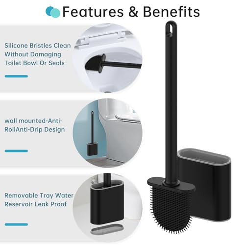 rv Essentials, RV Toilet Brush, Toilet Brush Silicone Won't Damage Toilets, Wall Mounted Toilet Brush-Anti-Roll, Anti-Drip Design, Suitable for RV Travel Trailers and Campers, Made by RVers for RVers - color: Black