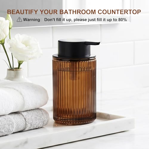 KASUNTING Foaming Soap Dispenser, Amber Glass Foam Hand Soap Dispenser for Bathroom, 11 Fl Oz Ribbed Refillable Foaming Pump Bottle with Black Pump, Modern Dish Soap Foam Dispenser - color: Amber Bottle+ Black Pump, size: Foam-1 Pack