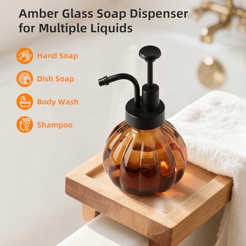 Halloween Soap Dispenser, Fall Amber Glass Soap Dispenser, Small Bathroom Hand Soap Dispenser, Vintage Pumpkin Style Soap Bottle with Pump, 9 fl oz Refillable Liquid Dish Dispenser for Kitchen