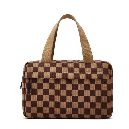 Large Makeup Bag for Women Corduroy Cosmetic bag Make up Bags Zipper Pouch with handle Cosmetic Organizer Toiletry Bag for Travel Storage - color: 19-Checkered Darkbrown