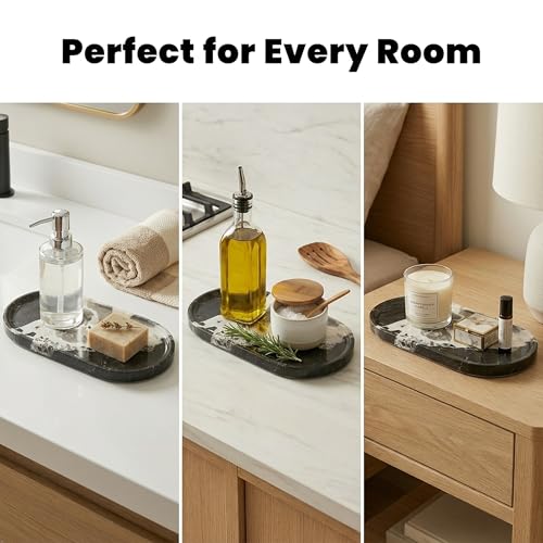 11.8 x 5.9 Inch Black White Veined Oval Marble Tray | Natural Stone Bathroom Vanity Organizer, Catchall Tray, For Perfume, Jewelry, Candles