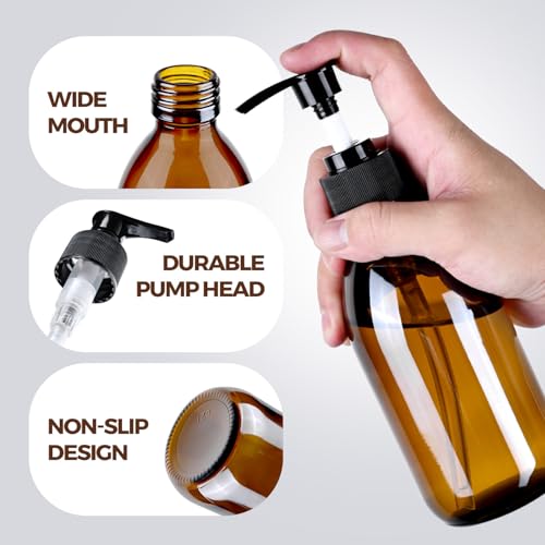 8 oz Amber Glass Pump Bottle, 250ml Glass Soap Dispenser Bottle for Body Lotion Massage Oil, Refillable Empty Hand and Dish Soap Dispensers Set with Labels - 2 Pack - color: Amber