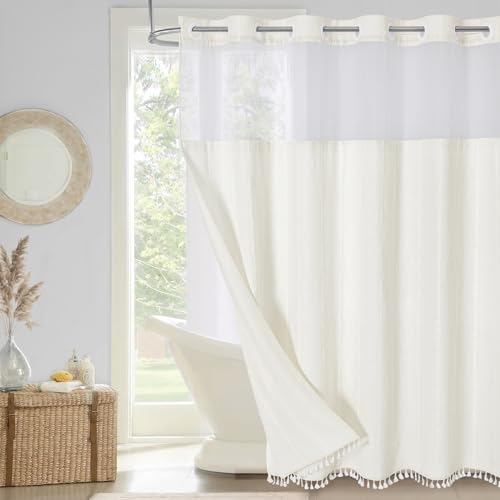 MitoVilla No Hooks Needed Farmhouse Shower Curtain with Snap-in Liner - with Window & Magnets, Boho Cotton Linen Fabric Shower Curtains with Tassels for Rustic Bathroom Decor, Ivory, 72 x 74 - color: Ivory - Win