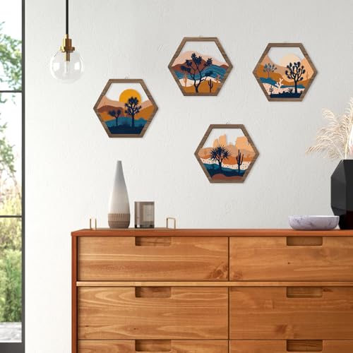 HPNIUB 4 Pcs Boho Mountains Scenery Wall Art Decor, Farmhouse Abstract Sunrise Trees Desert Cactus Hanging Wood Sign for Living Room, Aesthetic Bohemian Botanical Wooden Plaque for Apartment Bedroom(11''x9.8'') - color: Abstract desert scenery