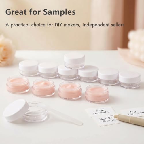 3 Gram Sample Jars with Lids, 25 Count Mini Cosmetic Containers - Makeup Travel Containers with Labels, Tiny Disposable Spatulas - color: White
