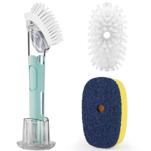 Dish Brush with Soap Dispenser Storage Set with 2 PCS Brush Refills & Holder, Dish Scrubber with Soap Dispenser, Dish Soap Brush, Dish Wand with Soap Dispenser for Dishes, Pans, Sink, Pots(Blue) - color: Blue