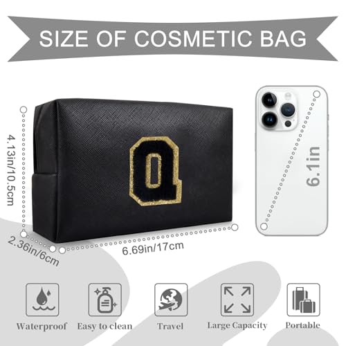 Personalized Initial A-Z Preppy Patch Makeup Bag,Small PU Chenille Letter Cosmetic Bag with Zipper for Teen Girls,Black Cute Toiletry Organizer Bag,Monogram Makeup Case Gift for Women Girls,Letter Q - color: Black,Black-Letter, size: Q