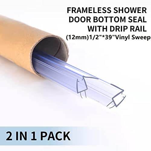 Shower Door Bottom Seal with Sweep 2Pack, 39"(990mm) Length PVC Clear Strips for 1/2"(10mm) Thick Frameless Glass Door, to Stop Water Leaking - size: 1/2"(12mm), 2-Pack, 39" Long