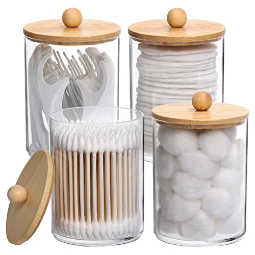 Tbestmax 4 Pack Qtip Holder, 10-Ounce Bathroom Organizer Accessories Storage Containers Clear Plastic Apothecary Jars with Bamboo Lids for Cotton Ball, Cotton Swab, Floss - color: Group A - 4 Pcs 10 oz