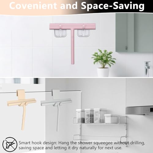 Shower Squeegee for Glass Doors, Full Silicone Jacketed Squeegee with Ergonomic Handle & No-Drill Hook, Cleaning Tool for Windows, Mirrors, Tiles, Bathroom & Car - Beige - color: Beige, size: without loop