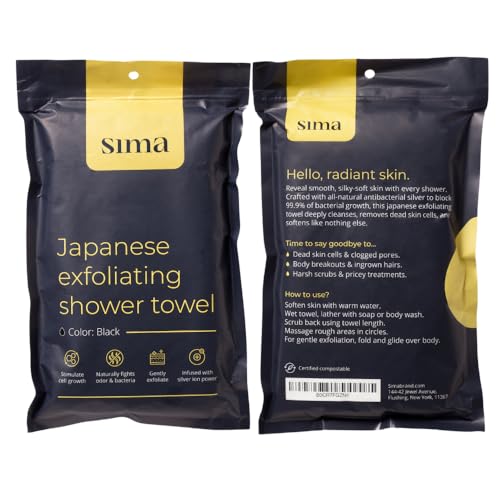 Sima Brand Exfoliating Washcloth Face & Body Scrub Towel - Japanese Exfoliating Towel with Hexagon Fibers, Body Scrubber with 2 Sides for Scrubbing & Washing, Extra Long Body Towels (Black) - color: Black