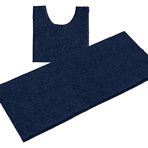 LuxUrux 2-Piece Bathroom Rug Set – Plush Chenille Runner & U-Shaped Toilet Mat, Soft, Absorbent & Non-Slip Design (20x20 U & 27x47 inches, Navy) - color: Navy, size: 2 Piece Set - X Large