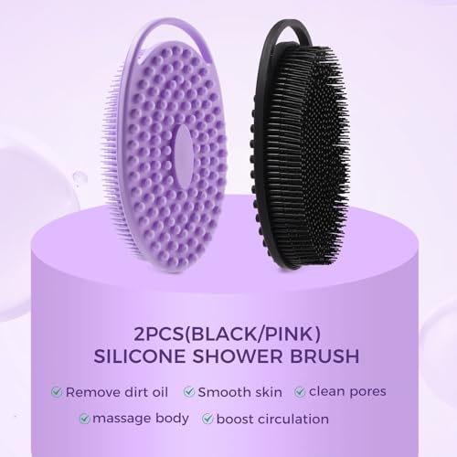 2 Pack Silicone Body Scrubber, Exfoliating Shower Scrubber for All Skin | 2 in 1 dual-sided design, soft bristles and massage bumps side, fast-drying, non-slip handle, for women and men, Black+Purple - color: Black&purple