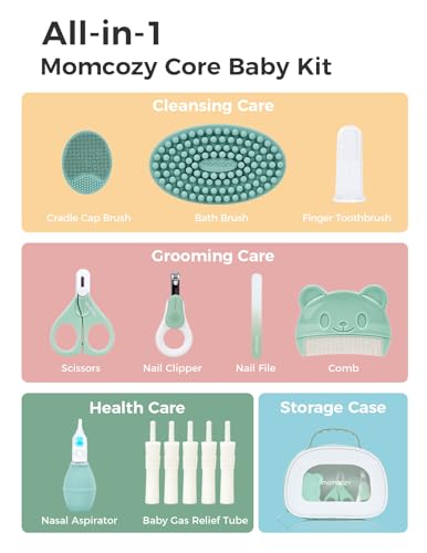 Momcozy Core Baby Kit, Baby Shower & Registry Essential Kit for Grooming&Health&Cleansing Care, Includes Nail File Kits, Nasal Aspirator, Gas Relief Tubes, Bath Brushes, Toothbrush, Comb, Storage Case - size: Core Baby Kit