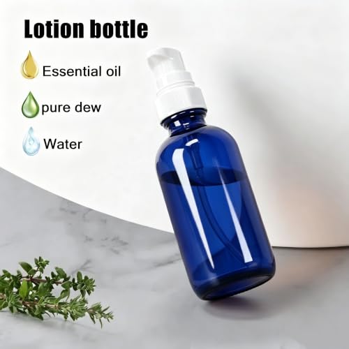 12Pack 4oz Bue Glass Pump Bottles, 120ml with White Pump, Empty Refillable Travel Small Container For Lotion Cream Essentil Oil Shampoo (4oz Blue) - size: 4oz Blue