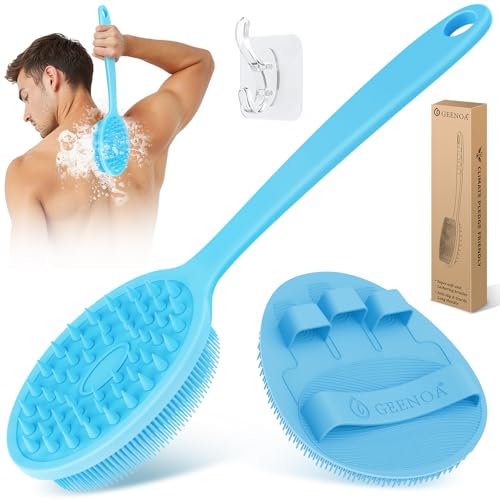 Silicone Back Scrubber & Bath Glove Set 2PCS, 13.4'' Gentle Shower Back Scrubber with Dual-Side Head Non-Slip Handle, 360° Anti-Slip Hand-fit Bath Glove for Rich Foaming Deep Cleaning(Blue) - color: Blue*2
