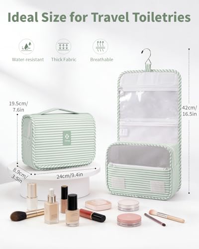 Narwey Small Hanging Toiletry Bag for Travel Women Girl, Striped Toiletries Travel Bag with Hook, Hanging Makeup Bag Organizer Make Up Cosmetic Bags, Gifts for Kids Teen (Mint Green Stripe) - color: Y-Mint Green Stripe