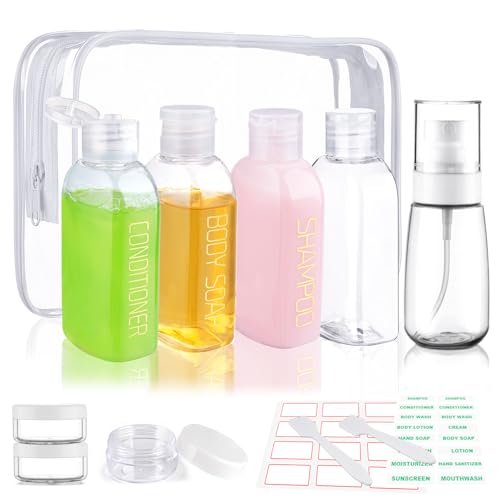 Cosywell 9PCS Leakproof Travel Bottles for Toiletries - TSA Approved Refillable Containers Set for Shampoo, Conditioner, Lotion, Cream Jars - color: F-Clear