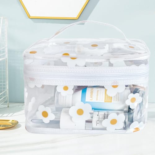 Clear White Flower Cosmetic Bag and Travel Pouch with Handle 8.66x5.51x5.51inch-Durable PVC Material,Versatile,Zipper Design for Smooth Sliding-Ideal for Makeup,Travel Essentials - color: White Flower#2