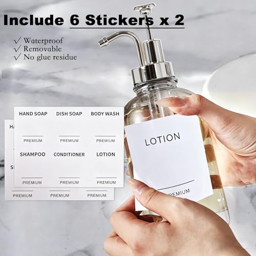 Dish Soap Dispenser for Kitchen, Hand Glass Soap Dispenser Set with Pump, Tray, Funnel for Bathroom, Shower, Laundry, Liquid, Lotion (Silver 2 Pack 18 Oz Clear Bottles with 12 Stickers) - color: Silver, size: 18Oz