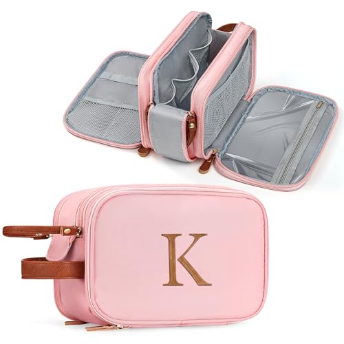 YOOLIFE Initial Toiletry Bag - Travel Toiletry Bag Makeup Bags for Women | Personalized Birthday Gifts for Women Her, Vacation Airplane Essentials Letter K Pink - color: Pink, style: K