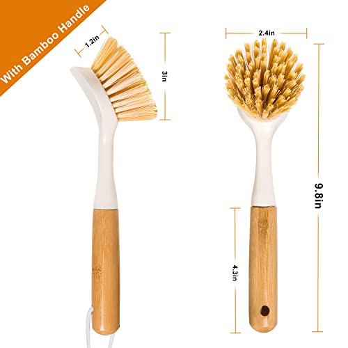 FunCee 2 Pack Kitchen Dish Brushes with Bamboo Handle, Dish Scrubber Built-in Scraper, Scrub Brush for Pans, Pots, Counter & Kitchen Sink Cleaning, Dishwashing and Cleaning Brush Tools, White - color: White