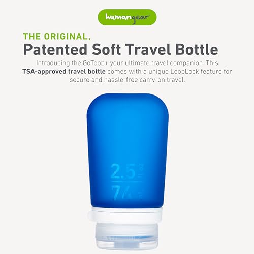 humangear GoToob+ (Medium) | Refillable Silicone Travel Bottle | Locking Lid | Food-Safe Material | Dark Blue, Medium (2.5 fl.oz.; 74ml) - color: Dark Blue, size: 2.5 Ounces