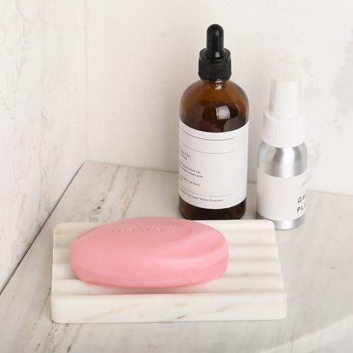 2PCS Koville African Natural Marble Soap Dish for Shower, Stone Soap Tray for Bathroom, Bar Soap Holder for Sink, Stripe Grooves Saver Keep Bars Dry Easy Clean (Namib Bianco) - color: White