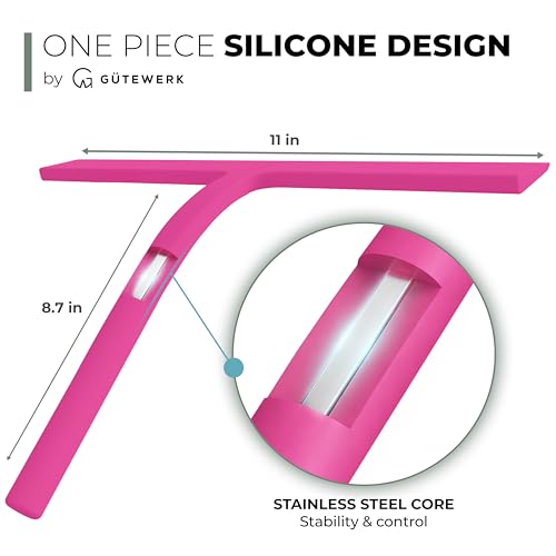 GÜTEWERK Silicone Shower Squeegee for Glass Doors & Mirrors with Stainless Steel Core, Streak-Free & No-Squeak Window Cleaning, 3-in-1 No-Drill Mount (Hook/Suction/Adhesive),Pink, 11 Inches - color: Pink, size: 11 Inches