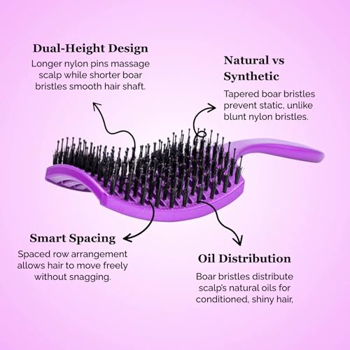 HAPPY HAIR BRUSH Happy Detangler Paddle Brush with Boar Bristles & Nylon Pins | Designed by Women to Detangle & Smooth Thick, Fine or Curly Hair | Pain-Free Slick Back Brush, Lightweight (Purple) - color: Purple