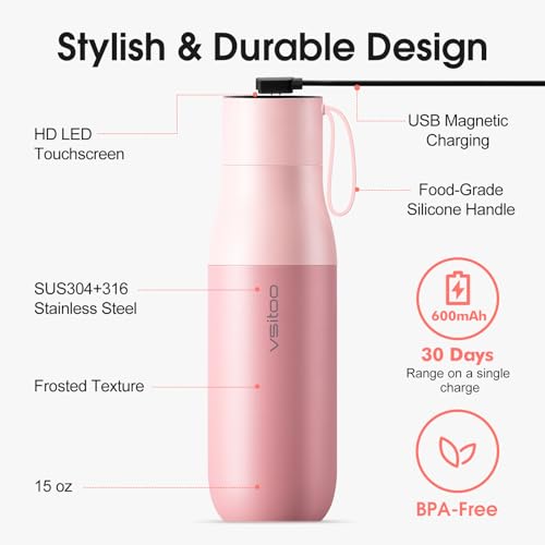 VSITOO S1 Pro 15oz Insulated Stainless Steel Self-Cleaning Water Bottle | Mini 15oz Insulated Bottle With Auto Self-Cleaning, App or Touchscreen Control, Temp Display, 30-Day Battery & 24H Cold - color: Pink, size: 15 Ounces