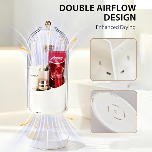 3-Slot Rotating Toothbrush Holders with Lid, Enclosed Toothbrush Holders for Bathrooms, Countertop Plastic Toothpaste Holder with Cover, Makeup Brush Holder for Vanity, Utensil Storage(White)