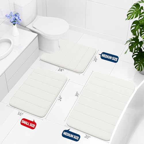 Buganda Memory Foam 3 Pieces Bathroom Rugs Set - Thick Soft Absorbent Bath Mats, Washable Small/Large/Contour Bath Rugs (24" x 16" + 30" x 20" + 24" x 20", Ivory) - color: Ivory, size: 24" X 16" + 30" X 20" + 24" X 20"