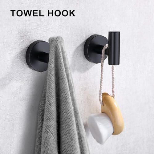 MGahyi 5-Piece Bathroom Accessories Set, Rustproof Stainless Steel Wall Mounted, Extendable Towel Bar 12.8-24.8 Inch, Toilet Paper Holder, Towel Ring & Robe Hooks, Heavy Duty Bath Storage (Black)
