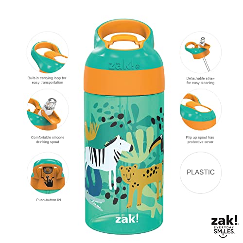 Zak Designs 16oz Riverside Kids Water Bottle with Spout Cover and Built-in Carrying Loop, Made of Durable Plastic, Leak-Proof Water Bottle Design for Travel (Dino Camo & Safari, Pack of 2) - color: Dino Camo & Safari