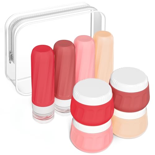 Mrsdry Travel Size Toiletries 8 Pack, TSA Approved 3oz Silicone Squeeze Bottles & Cream Jars with Clear Travel Bag - color: Cherry Red, size: 3oz bottle 3oz jar