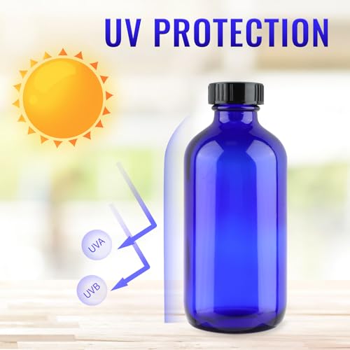 PINIWON 12 Pack 8 oz Cobalt Blue Glass Bottles, 240ml Boston Round Sample Bottles with Black Poly Cone Caps, Labels and Funnels - color: Cobalt Blue-12 pack