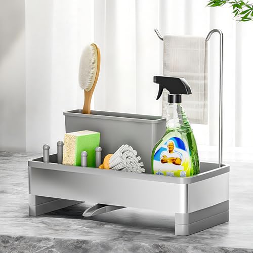 Ewaiira Sponge Holder for Kitchen Sink, Stainless Steel Sink Caddy with Brush Holder & Dishcloth Rack, Countertop Sink Organizer, Soap Dispenser Kitchen Organizers Storage Essentials (F-Gray 9.8″) - color: F-gray