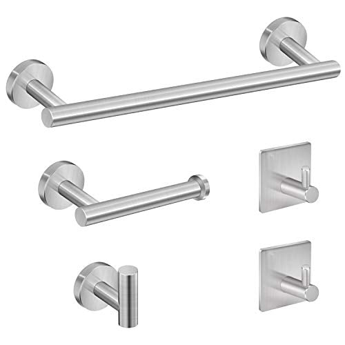 Tudoccy 5-Pieces Bathroom Hardware Set Brushed Nickel SUS304 Stainless Steel Round Wall Mounted - Includes 24" Hand Towel Bar, Toilet Paper Holder, 3 Robe Towel Hooks, Bathroom Accessories Kit - color: Brushed Nickel, size: 24 Inch 5 pcs