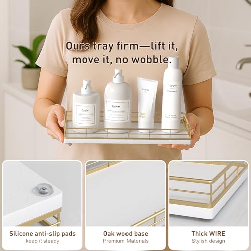 Toilet Paper Basket Organizer, Oak Wood Toilet Tank Tray with Metal Frame | Bathroom Counter Top Storage for Toilet Paper, Wipes & Decor, Modern Narrow Back of Tank Shelf Organizer, Gold & White - color: Gold & White, size: 13" x 6.5" x 2"