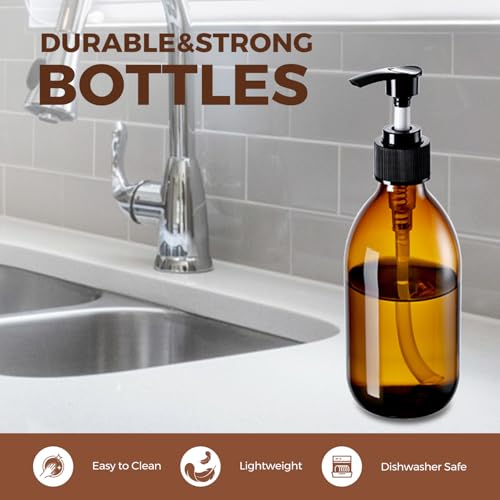 8 oz Amber Glass Pump Bottle, 250ml Glass Soap Dispenser Bottle for Body Lotion Massage Oil, Refillable Empty Hand and Dish Soap Dispensers Set with Labels - 2 Pack - color: Amber