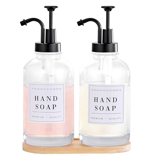 Glass Soap Dispenser with Pump,Tray,Funnel, Countertop Soap and Lotion Dispenser Set of 2, Dish and Hand Soap Dispenser Bottle for Kitchen,Bathroom,Shower, with 60 Stickers, 500ml/16.9oz - color: Blk-5010-2b