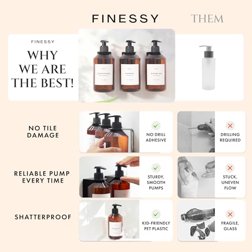 FINESSY Refillable Shampoo and Conditioner Dispenser Wall Bottles with Pump, Bathroom Body Wash Soap and Shampoo Dispenser for Shower Wall 3 Chamber No Drill, Shower Bottles Refillable with Labels - color: Luxe Amber