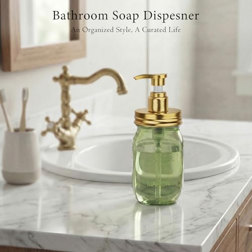 Amolliar Plastic Mason Jar Soap Dispenser with Pump Lid,16OZ Refillable Hand Soap Dispenser Set with Cute Lables - Farmhouse Decor for Kitchen Bathroom, Liquid Soap, Dish Soap, Lotion (2 Pack, Green) - color: Green Jar With Gold Pump