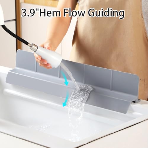 23" Ultra Silicone Sink Splash Guard Released in 2026,Self-Draining Water Splash Guard for Kitchen Sink,Bathroom and Island,with 3.5" High Splash Guard & 7 Strong Suction Cup (Grey) - color: Gray
