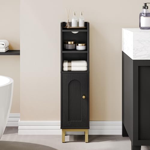 Hzuaneri Bathroom Storage Cabinet, Small Corner Floor Cabinet with Door and Shelves, Narrow Toilet Paper Holder, Bathroom Organizer with Adjustable Shelf, for Small Spaces, Black BC08206X - color: Black, size: 7.9"D x 7.9"W x 32.7"H