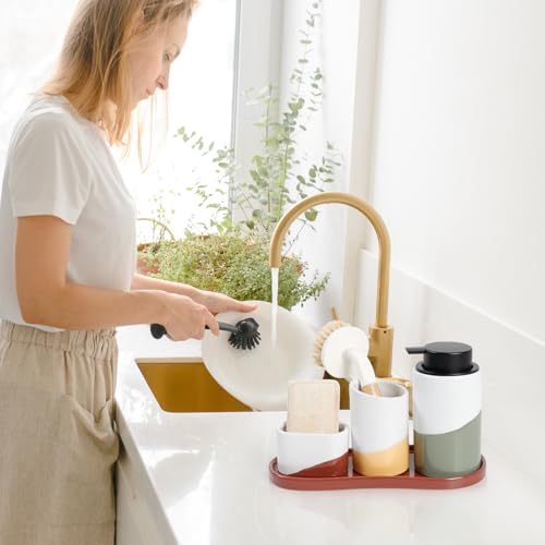 Bosilunlife Ceramic Soap Dispenser Set with Sponge Cup, Brush Cup & Tray | 4-Piece Ceramic Set Includes 12 Oz liquid Soap Dispenser, Sponge Cup, Brush Holder and Tray for Kitchen or Bathroom Counters. - size: liquid Pump