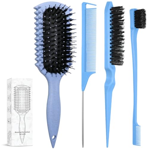 Curl Defining Brush, Curly Hair Brush Products With 3 Pcs Slick Back Hair Brush Set Bristle Brush Edge Control Teasing Comb for women (Blue) - color: blue