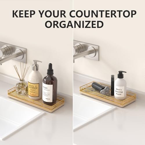 Bathroom Tray for Counter Top Organizer, Oak Wood Vanity Tray | Metal Frame for Dresser, Kitchen & Nightstand, Gold & Oak Decorative Storage - color: Gold & Oak, size: 11" x 4.5" x 1.5"