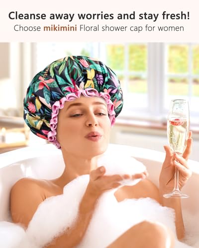 mikimini Shower Cap for Women and Grils,Pack of 1,Rainforest Bath Shower Caps with Pink Lace,Reusable Waterproof Shower Hat for Girls (Medium,Floral) - size: Medium (Pack of 1)